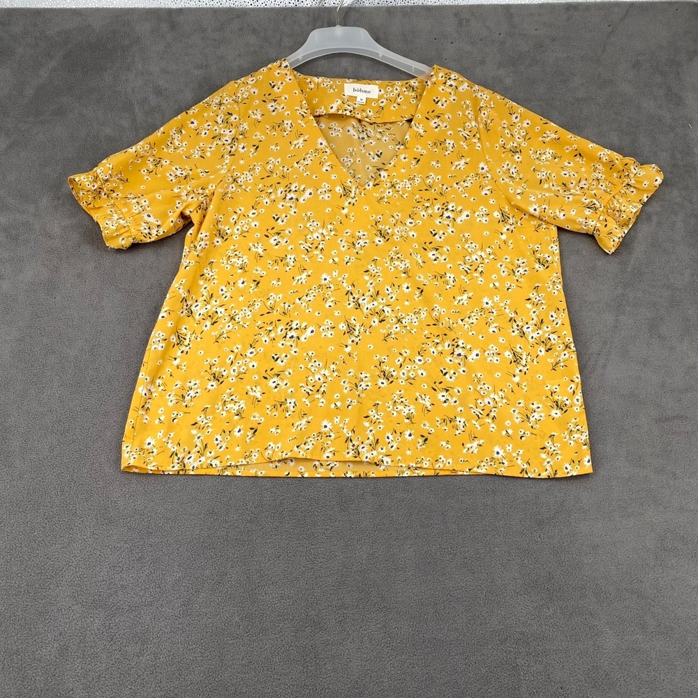 Böhme Blouse Top Womens Medium Yellow Floral Ruffle Sleeve V Neck Party Wear